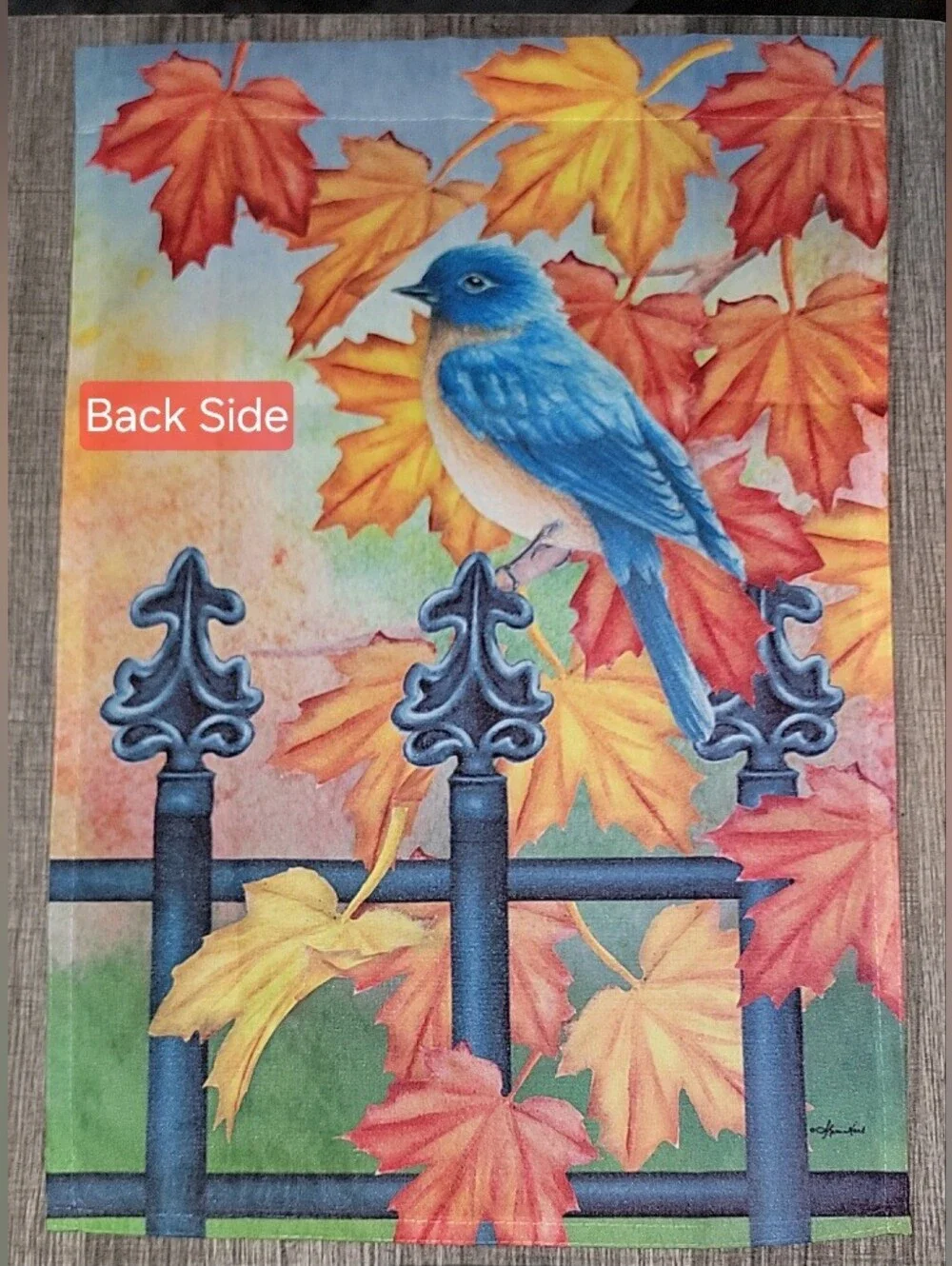 Decorative Autumn Garden Flag Multi-colored! Bird, Fence & Leaves.